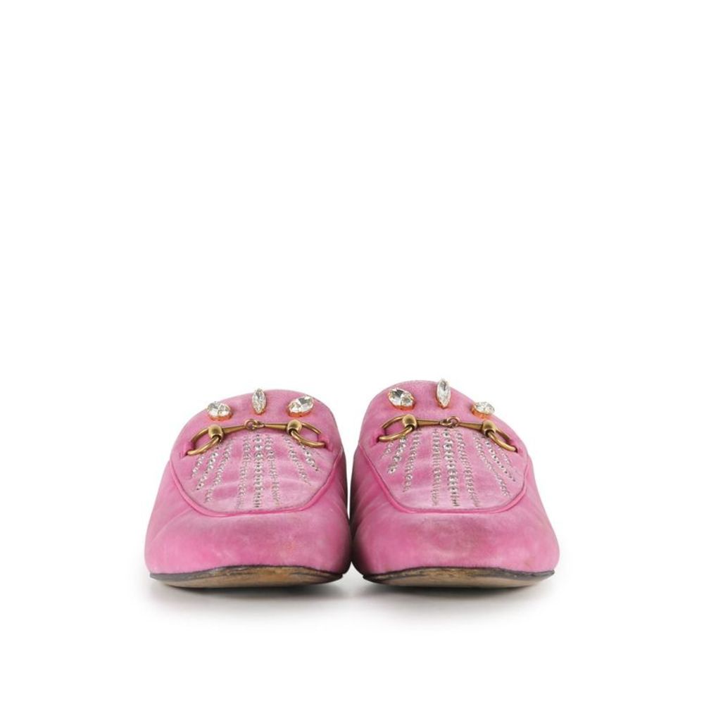Pre Loved Gucci Pink Velvet Crystal Embellished Horsebit Princetown Mules Flats - Picture 3 of 8